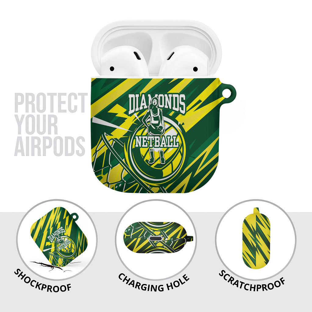 Australian Diamonds Netball AirPods Case Sharp Abstract Slash Pattern With Netball Graphic Art