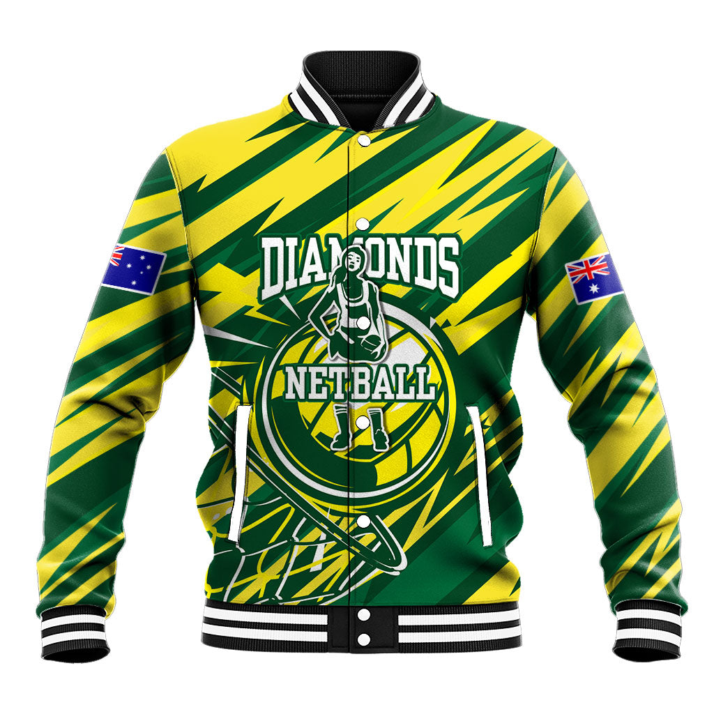 Australian Diamonds Netball Baseball Jacket Sharp Abstract Slash Pattern With Netball Graphic Art