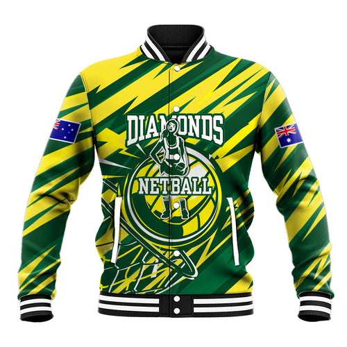 Australian Diamonds Netball Baseball Jacket Sharp Abstract Slash Pattern With Netball Graphic Art