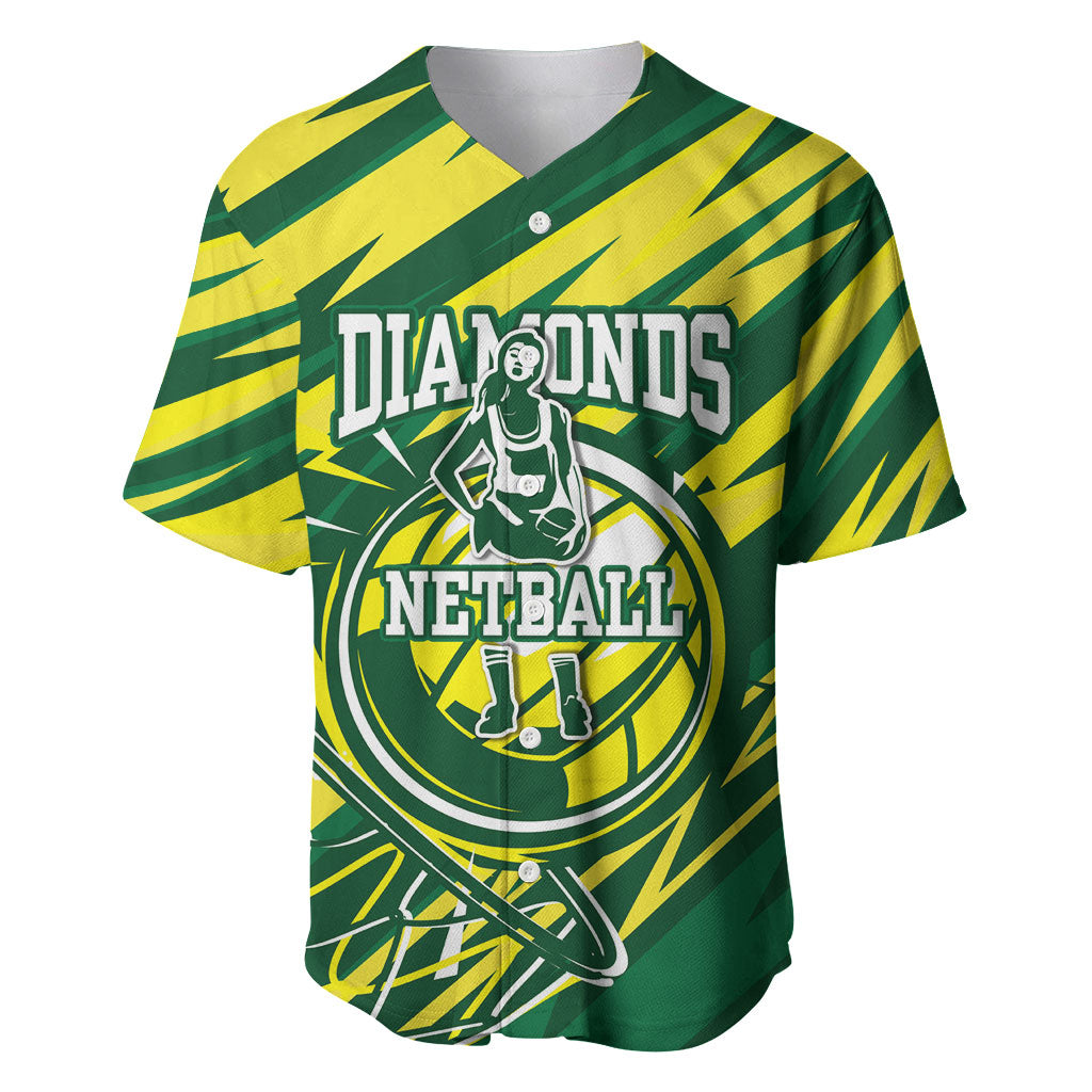 Australian Diamonds Netball Baseball Jersey Sharp Abstract Slash Pattern With Netball Graphic Art