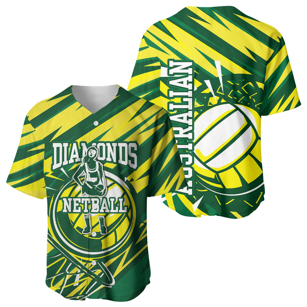 Australian Diamonds Netball Baseball Jersey Sharp Abstract Slash Pattern With Netball Graphic Art
