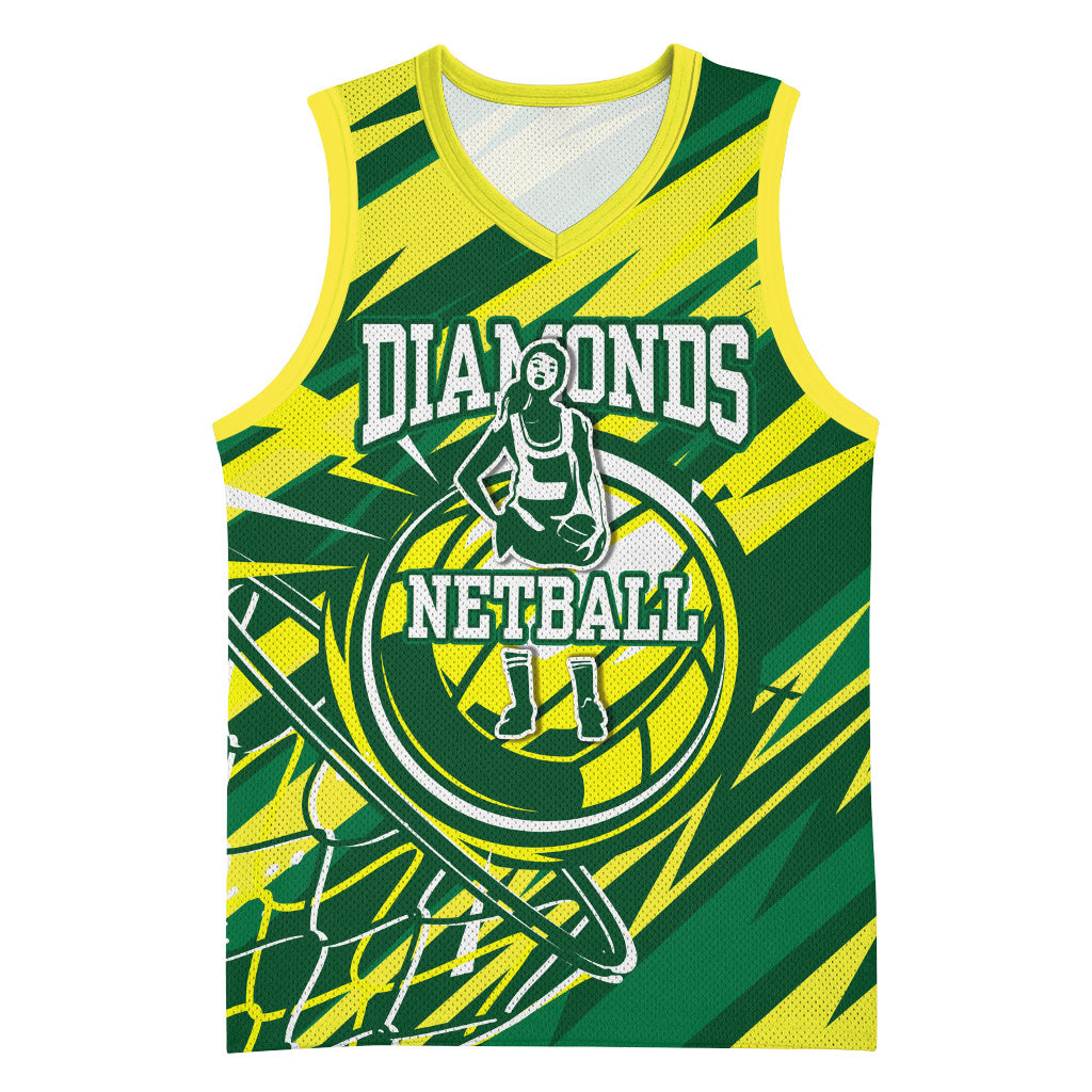 Australian Diamonds Netball Basketball Jersey Sharp Abstract Slash Pattern With Netball Graphic Art