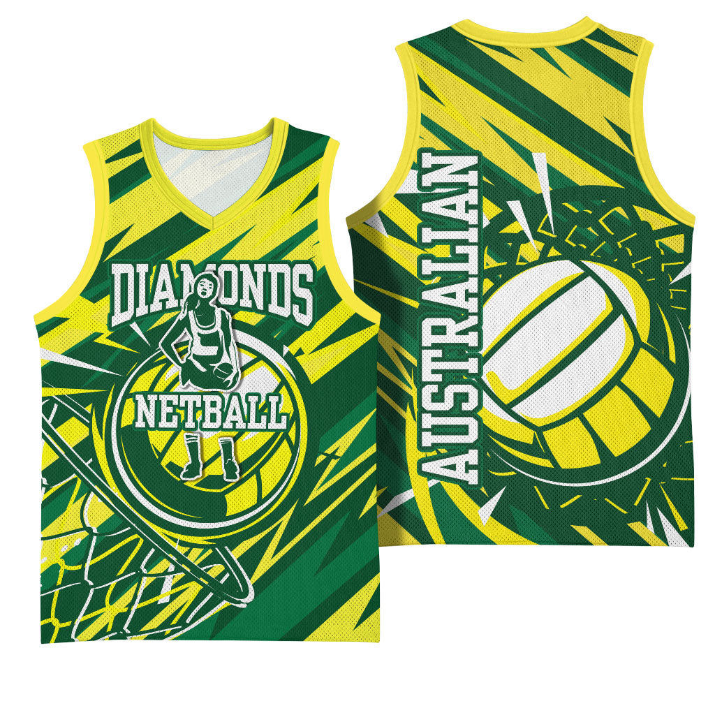 Australian Diamonds Netball Basketball Jersey Sharp Abstract Slash Pattern With Netball Graphic Art