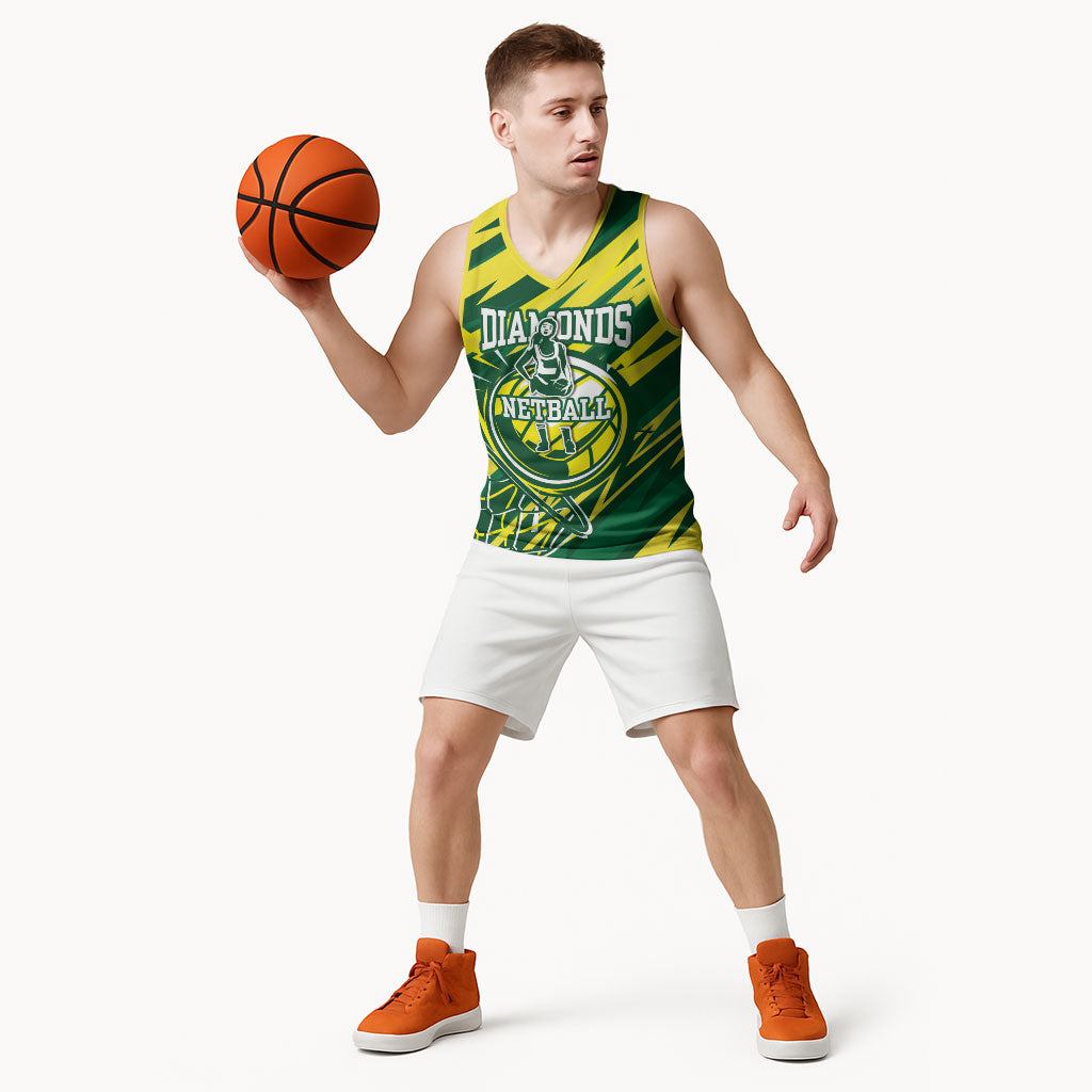 Australian Diamonds Netball Basketball Jersey Sharp Abstract Slash Pattern With Netball Graphic Art
