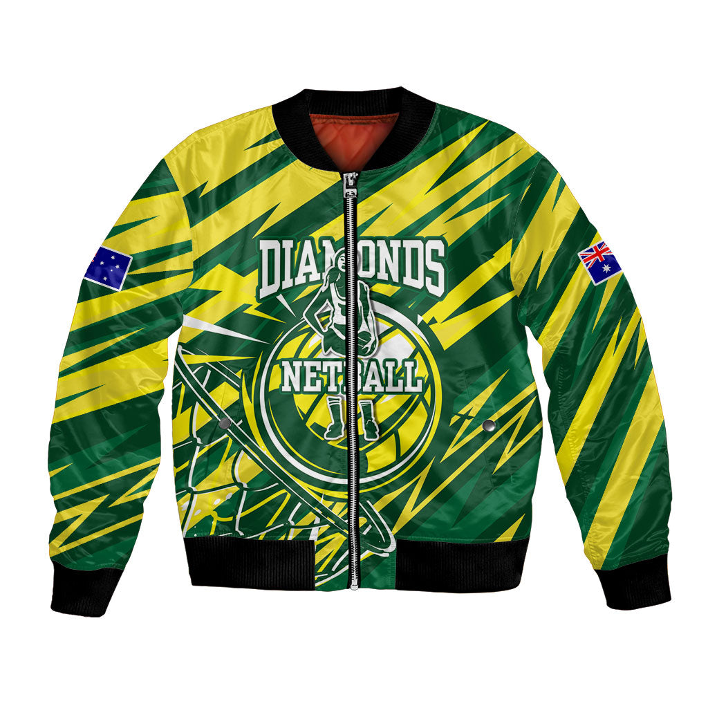Australian Diamonds Netball Bomber Jacket Sharp Abstract Slash Pattern With Netball Graphic Art