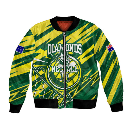 Australian Diamonds Netball Bomber Jacket Sharp Abstract Slash Pattern With Netball Graphic Art