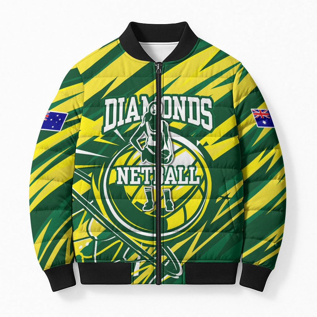 Australian Diamonds Netball Bomber Puffer Jacket Sharp Abstract Slash Pattern With Netball Graphic Art