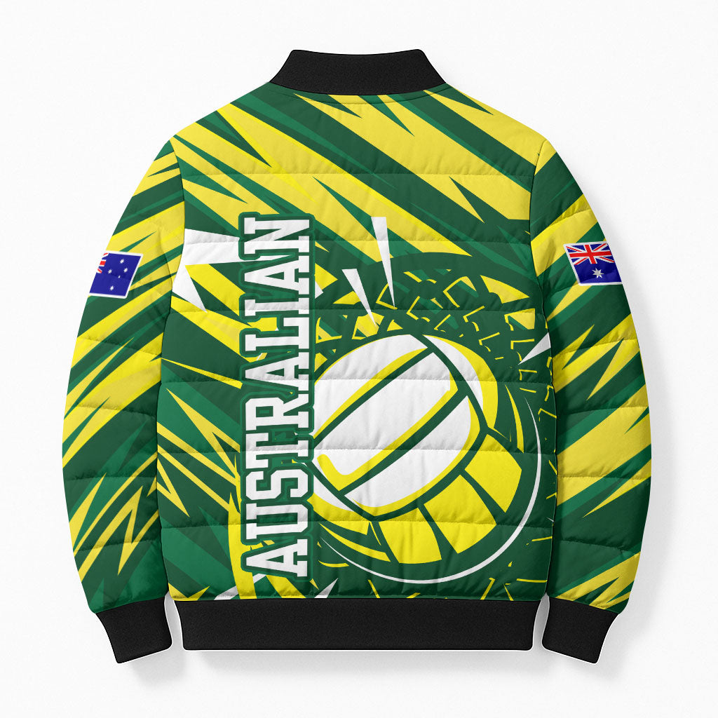 Australian Diamonds Netball Bomber Puffer Jacket Sharp Abstract Slash Pattern With Netball Graphic Art