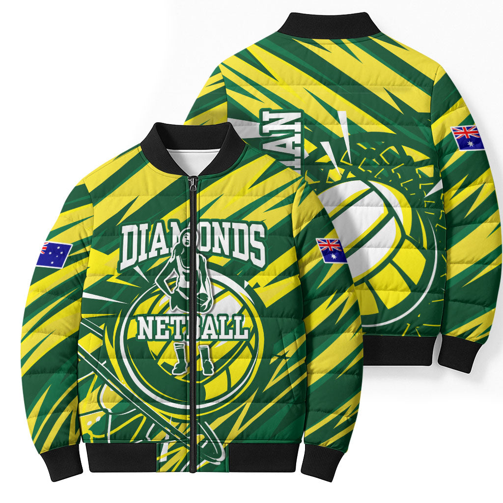 Australian Diamonds Netball Bomber Puffer Jacket Sharp Abstract Slash Pattern With Netball Graphic Art