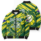 Australian Diamonds Netball Bomber Puffer Jacket Sharp Abstract Slash Pattern With Netball Graphic Art