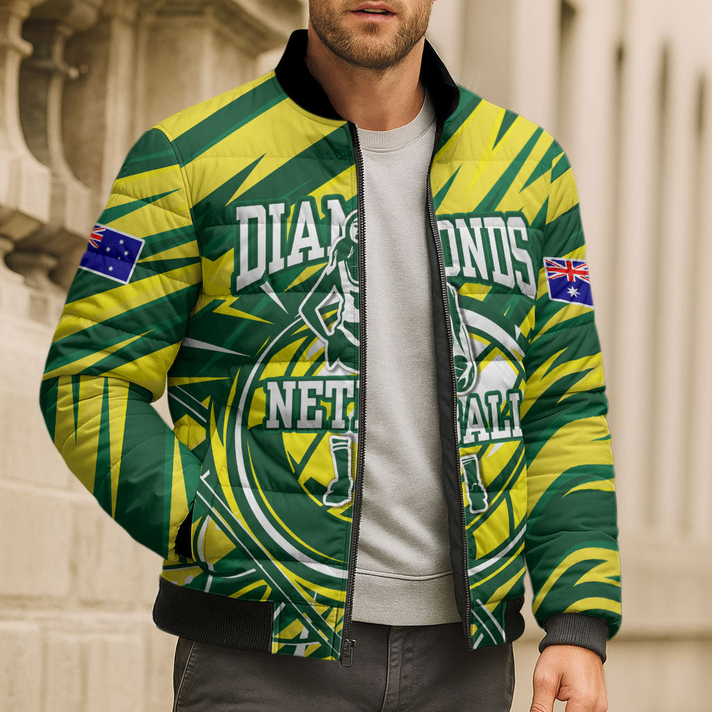 Australian Diamonds Netball Bomber Puffer Jacket Sharp Abstract Slash Pattern With Netball Graphic Art