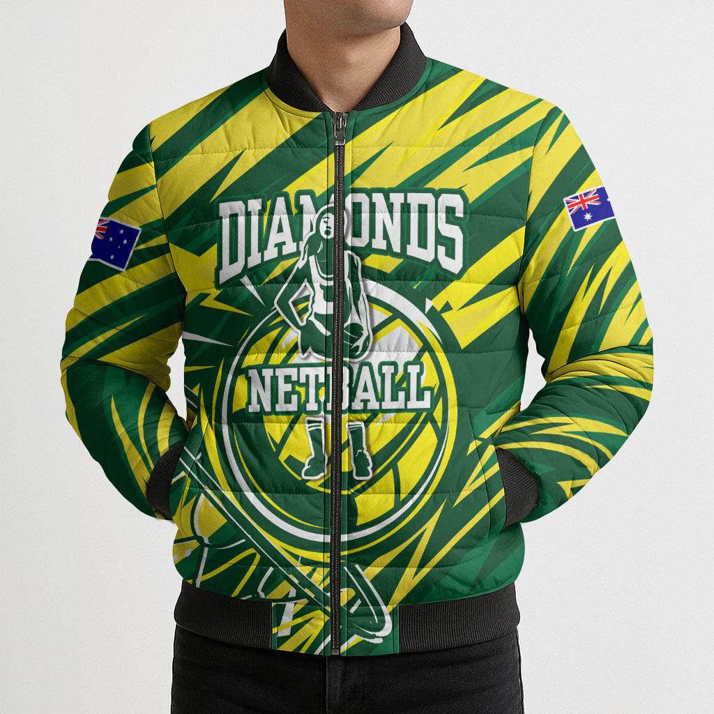 Australian Diamonds Netball Bomber Puffer Jacket Sharp Abstract Slash Pattern With Netball Graphic Art