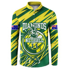 Australian Diamonds Netball Button Sweatshirt Sharp Abstract Slash Pattern With Netball Graphic Art
