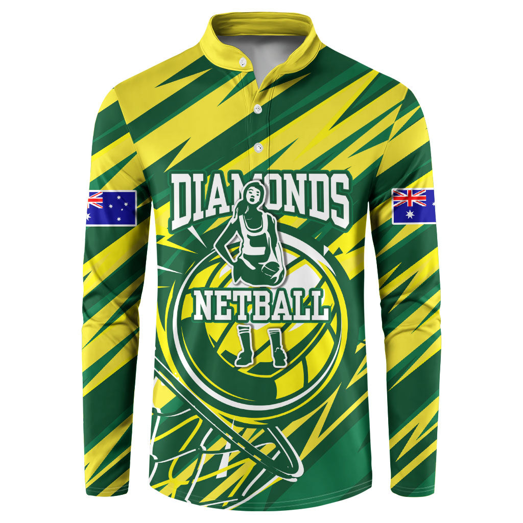 Australian Diamonds Netball Button Sweatshirt Sharp Abstract Slash Pattern With Netball Graphic Art