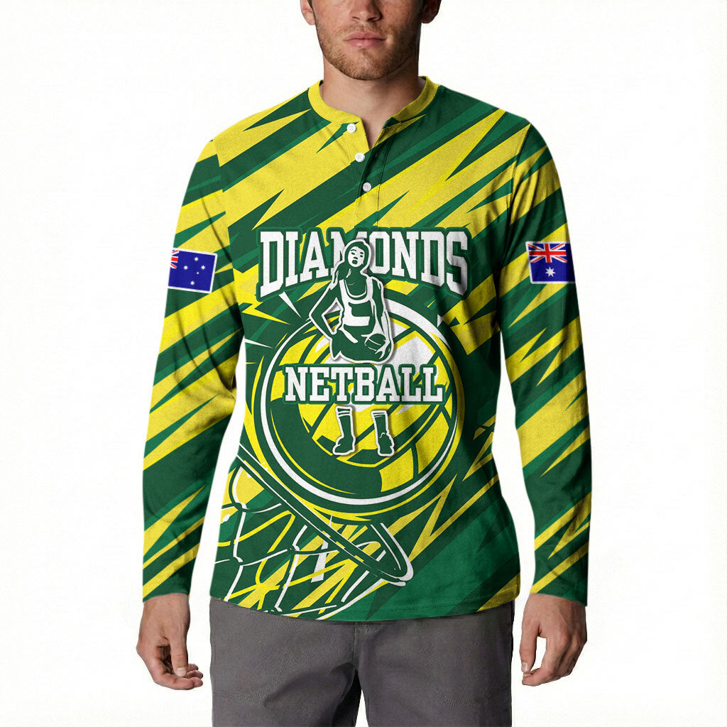 Australian Diamonds Netball Button Sweatshirt Sharp Abstract Slash Pattern With Netball Graphic Art