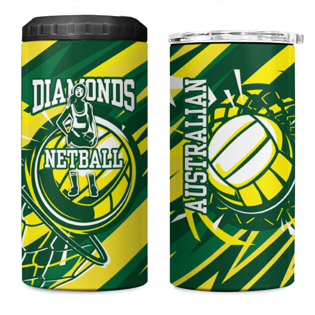 Australian Diamonds Netball 4 in 1 Can Cooler Tumbler Sharp Abstract Slash Pattern With Netball Graphic Art