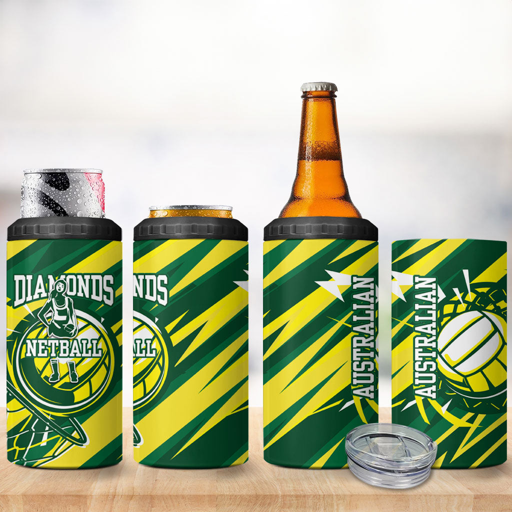 Australian Diamonds Netball 4 in 1 Can Cooler Tumbler Sharp Abstract Slash Pattern With Netball Graphic Art