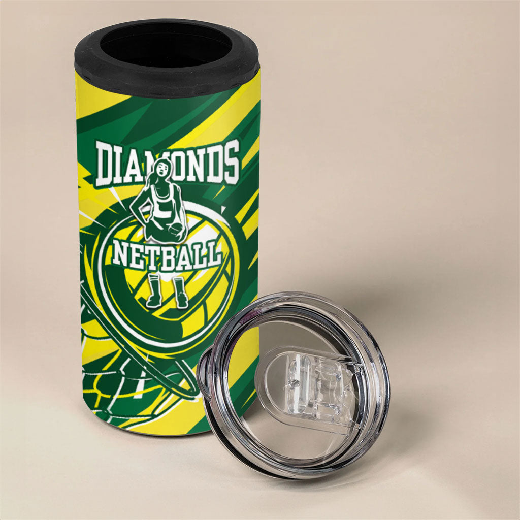 Australian Diamonds Netball 4 in 1 Can Cooler Tumbler Sharp Abstract Slash Pattern With Netball Graphic Art