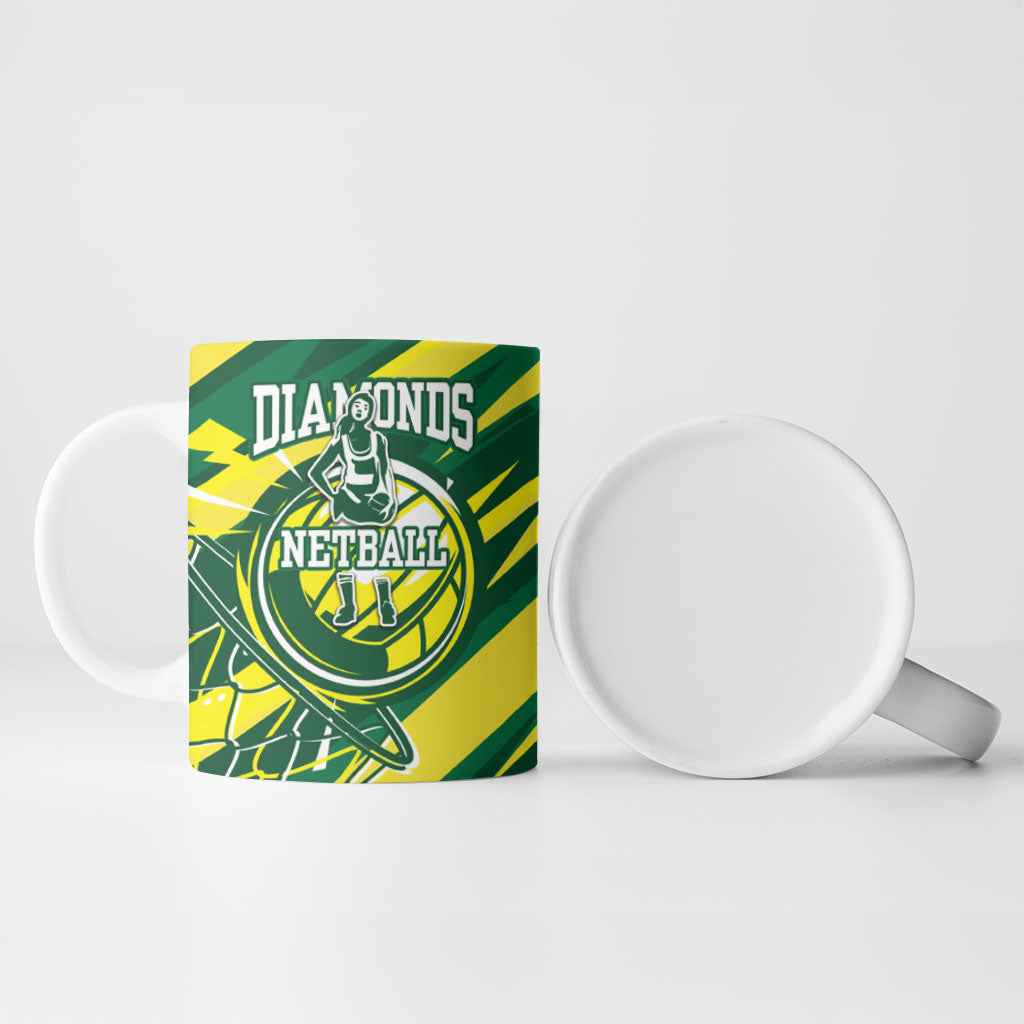 Australian Diamonds Netball Ceramic Mug Sharp Abstract Slash Pattern With Netball Graphic Art