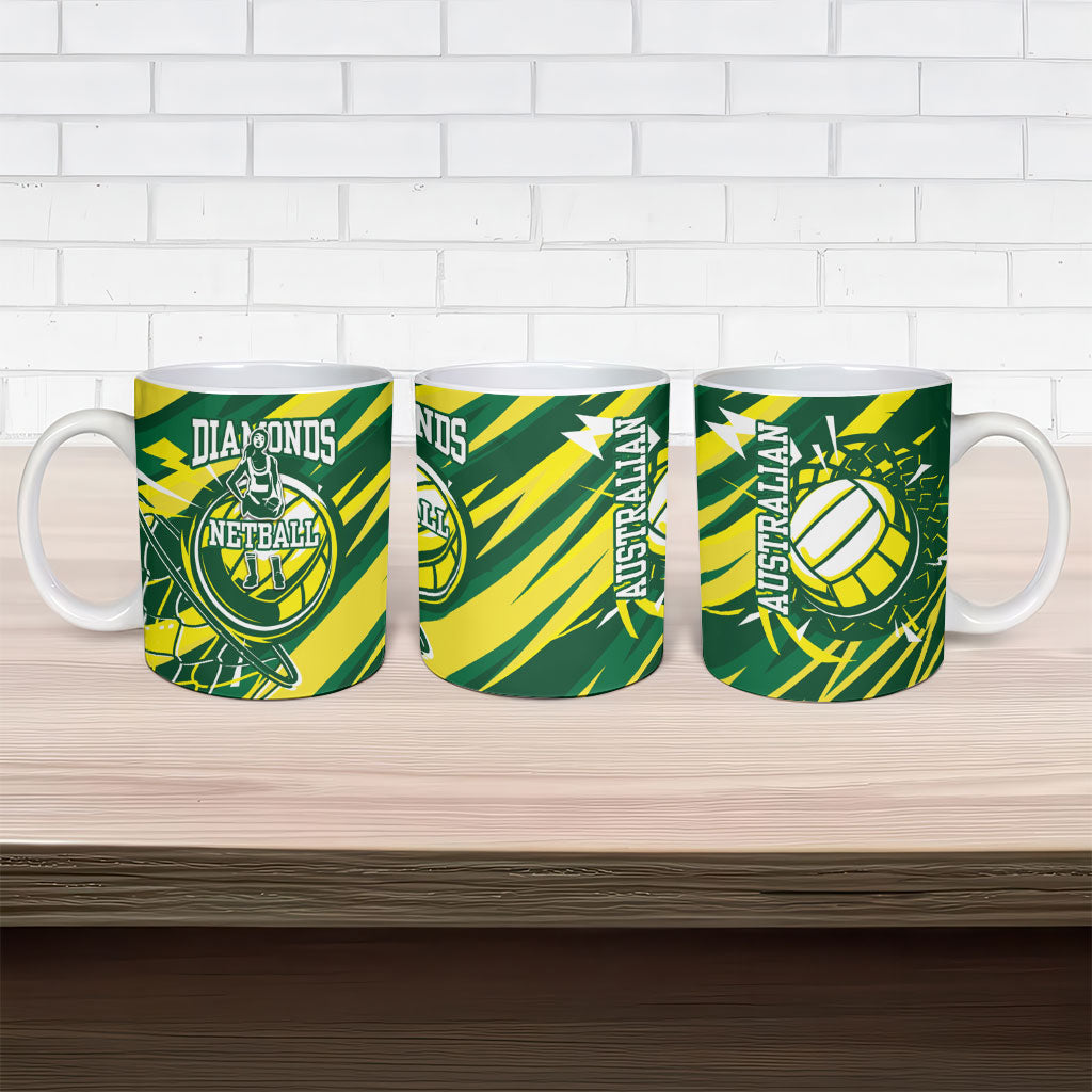 Australian Diamonds Netball Ceramic Mug Sharp Abstract Slash Pattern With Netball Graphic Art