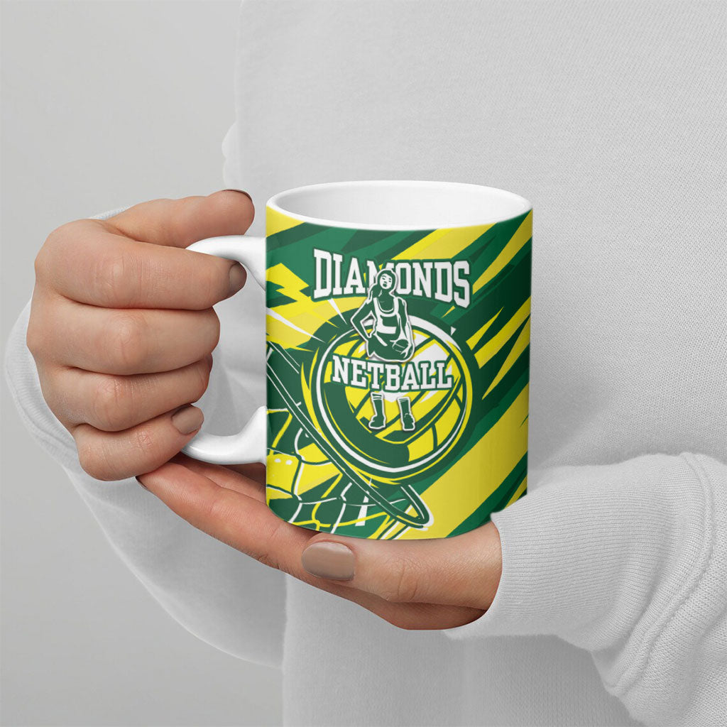 Australian Diamonds Netball Ceramic Mug Sharp Abstract Slash Pattern With Netball Graphic Art