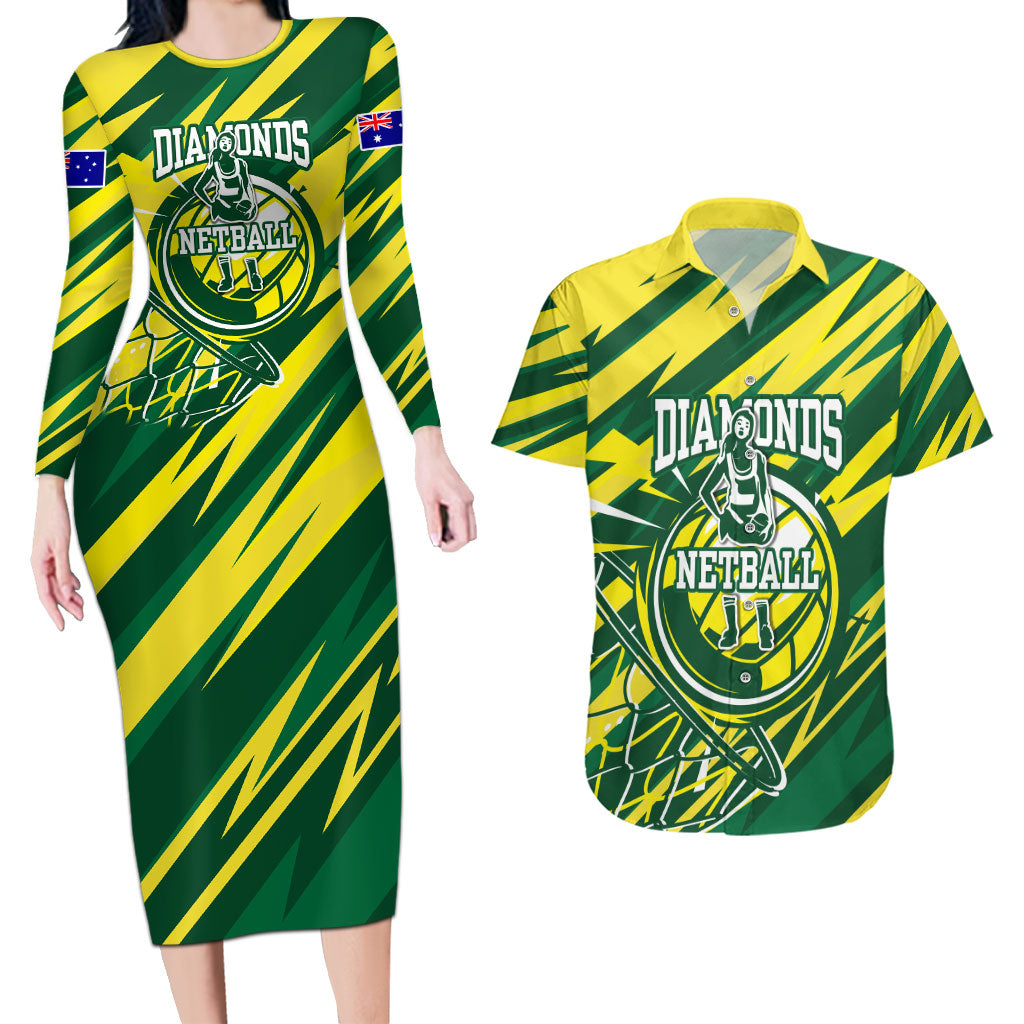 Australian Diamonds Netball Couples Matching Long Sleeve Bodycon Dress and Hawaiian Shirt Sharp Abstract Slash Pattern With Netball Graphic Art