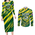 Australian Diamonds Netball Couples Matching Long Sleeve Bodycon Dress and Long Sleeve Button Shirt Sharp Abstract Slash Pattern With Netball Graphic Art