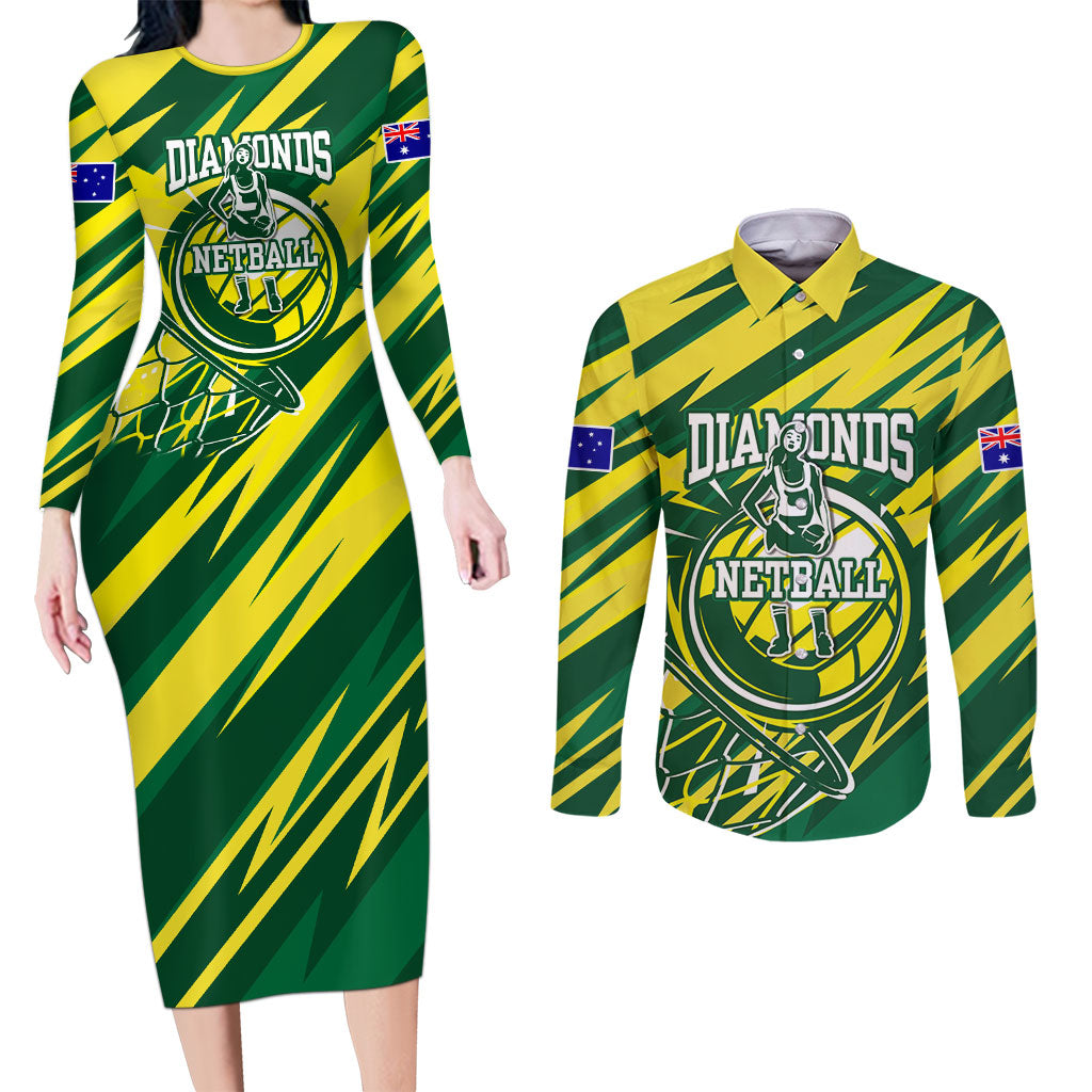 Australian Diamonds Netball Couples Matching Long Sleeve Bodycon Dress and Long Sleeve Button Shirt Sharp Abstract Slash Pattern With Netball Graphic Art