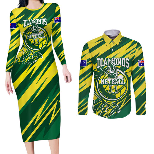 Australian Diamonds Netball Couples Matching Long Sleeve Bodycon Dress and Long Sleeve Button Shirt Sharp Abstract Slash Pattern With Netball Graphic Art