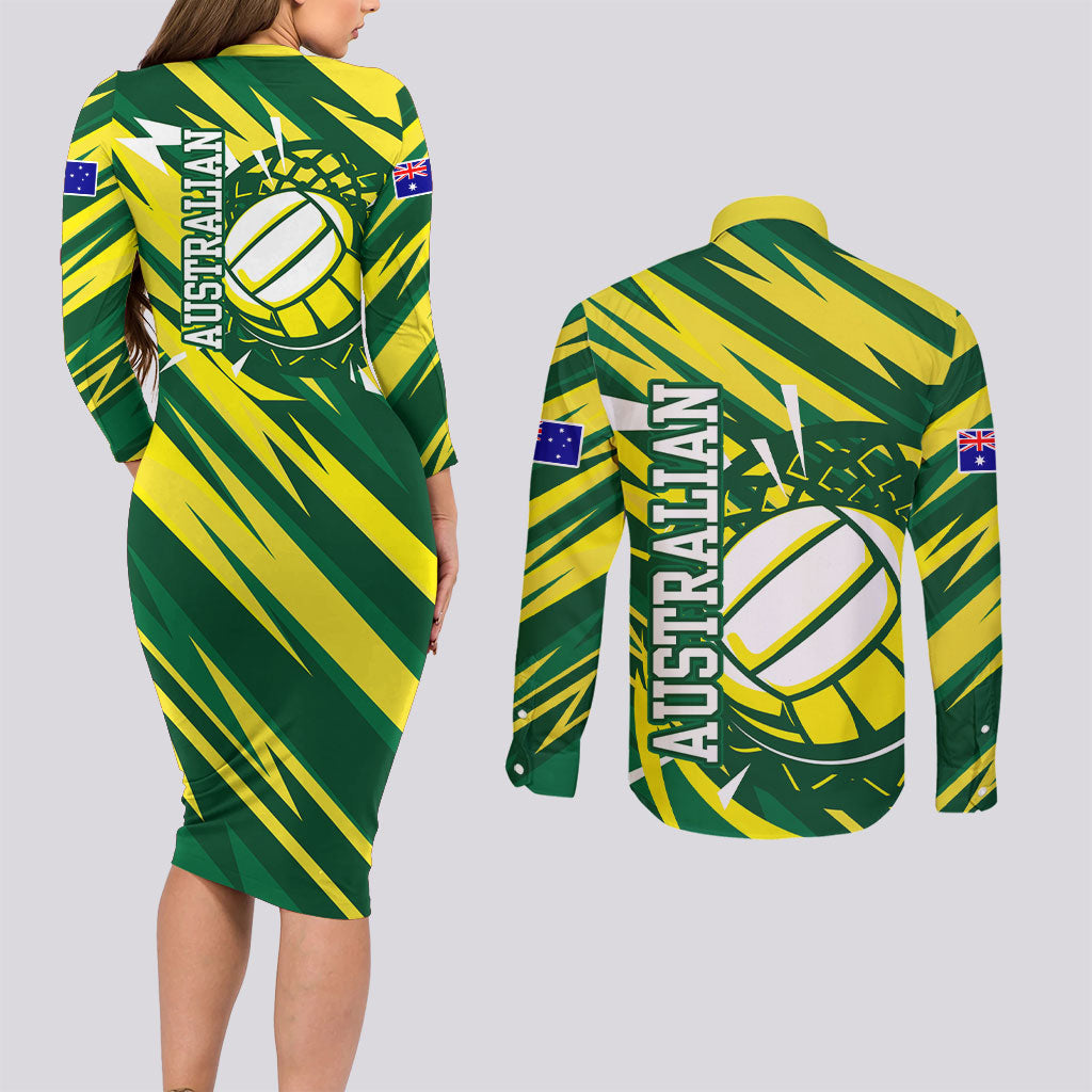 Australian Diamonds Netball Couples Matching Long Sleeve Bodycon Dress and Long Sleeve Button Shirt Sharp Abstract Slash Pattern With Netball Graphic Art