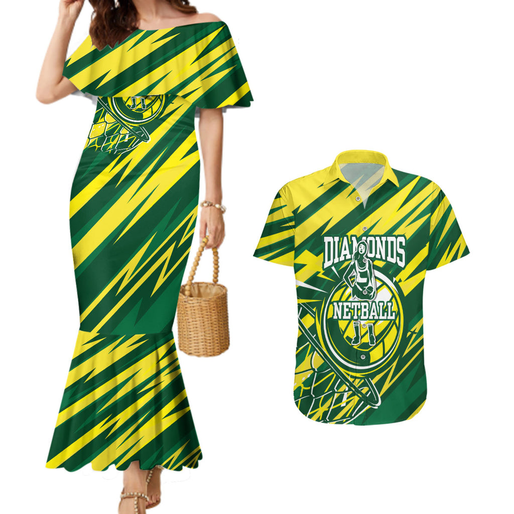 Australian Diamonds Netball Couples Matching Mermaid Dress and Hawaiian Shirt Sharp Abstract Slash Pattern With Netball Graphic Art