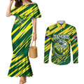 Australian Diamonds Netball Couples Matching Mermaid Dress and Long Sleeve Button Shirt Sharp Abstract Slash Pattern With Netball Graphic Art