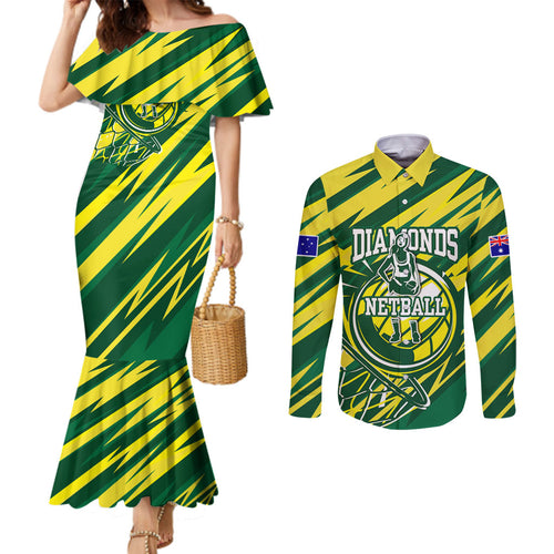 Australian Diamonds Netball Couples Matching Mermaid Dress and Long Sleeve Button Shirt Sharp Abstract Slash Pattern With Netball Graphic Art