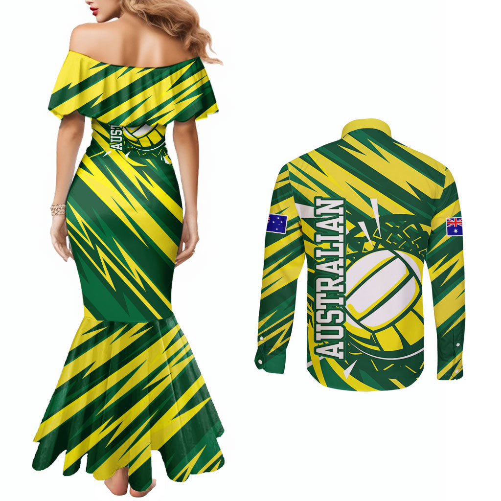 Australian Diamonds Netball Couples Matching Mermaid Dress and Long Sleeve Button Shirt Sharp Abstract Slash Pattern With Netball Graphic Art