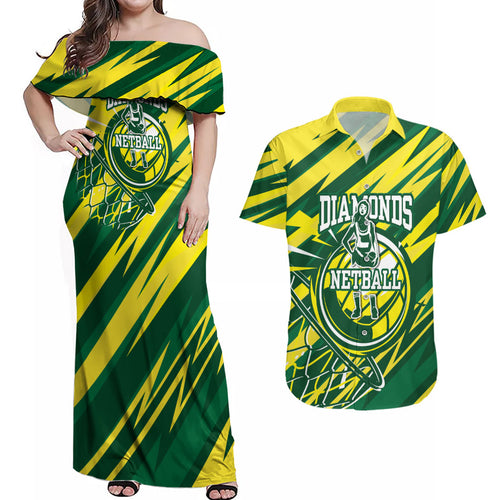 Australian Diamonds Netball Couples Matching Off Shoulder Maxi Dress and Hawaiian Shirt Sharp Abstract Slash Pattern With Netball Graphic Art