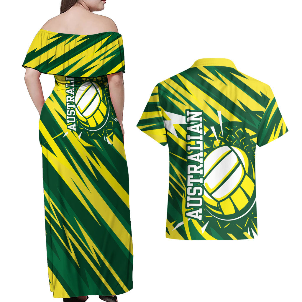 Australian Diamonds Netball Couples Matching Off Shoulder Maxi Dress and Hawaiian Shirt Sharp Abstract Slash Pattern With Netball Graphic Art