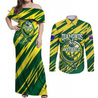 Australian Diamonds Netball Couples Matching Off Shoulder Maxi Dress and Long Sleeve Button Shirt Sharp Abstract Slash Pattern With Netball Graphic Art