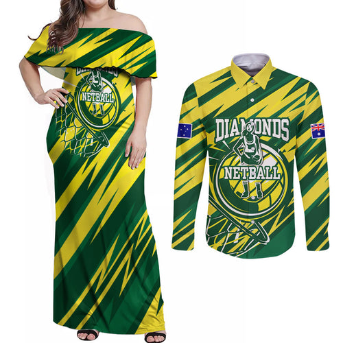 Australian Diamonds Netball Couples Matching Off Shoulder Maxi Dress and Long Sleeve Button Shirt Sharp Abstract Slash Pattern With Netball Graphic Art