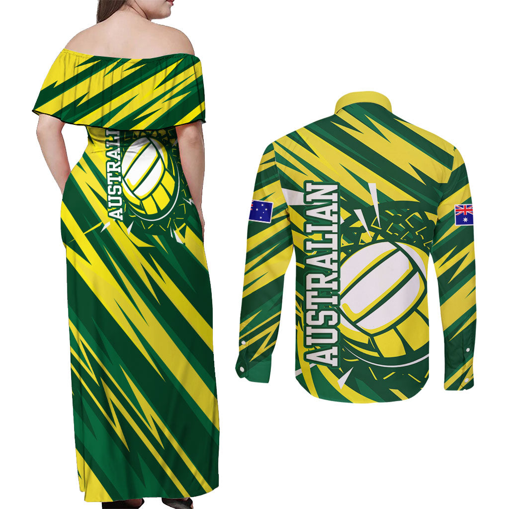 Australian Diamonds Netball Couples Matching Off Shoulder Maxi Dress and Long Sleeve Button Shirt Sharp Abstract Slash Pattern With Netball Graphic Art