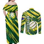 Australian Diamonds Netball Couples Matching Off Shoulder Maxi Dress and Long Sleeve Button Shirt Sharp Abstract Slash Pattern With Netball Graphic Art