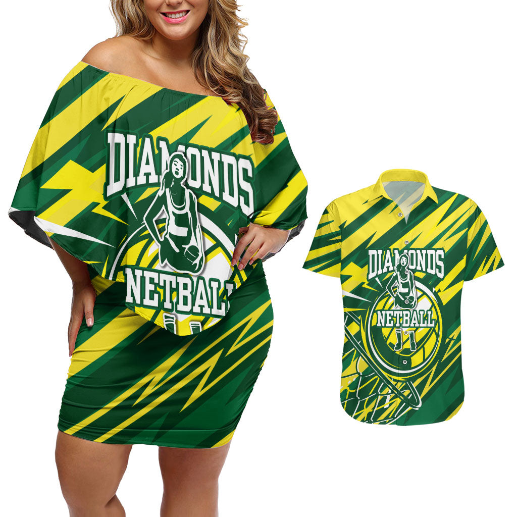 Australian Diamonds Netball Couples Matching Off Shoulder Short Dress and Hawaiian Shirt Sharp Abstract Slash Pattern With Netball Graphic Art