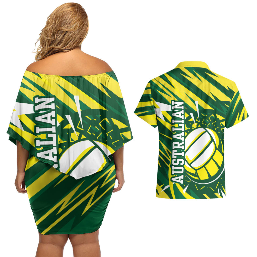 Australian Diamonds Netball Couples Matching Off Shoulder Short Dress and Hawaiian Shirt Sharp Abstract Slash Pattern With Netball Graphic Art