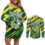 Australian Diamonds Netball Couples Matching Off Shoulder Short Dress and Long Sleeve Button Shirt Sharp Abstract Slash Pattern With Netball Graphic Art