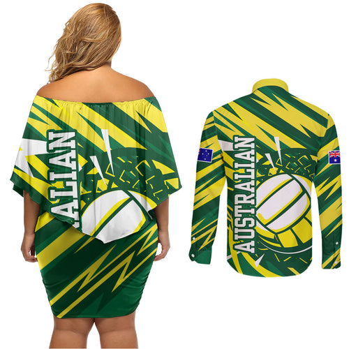 Australian Diamonds Netball Couples Matching Off Shoulder Short Dress and Long Sleeve Button Shirt Sharp Abstract Slash Pattern With Netball Graphic Art