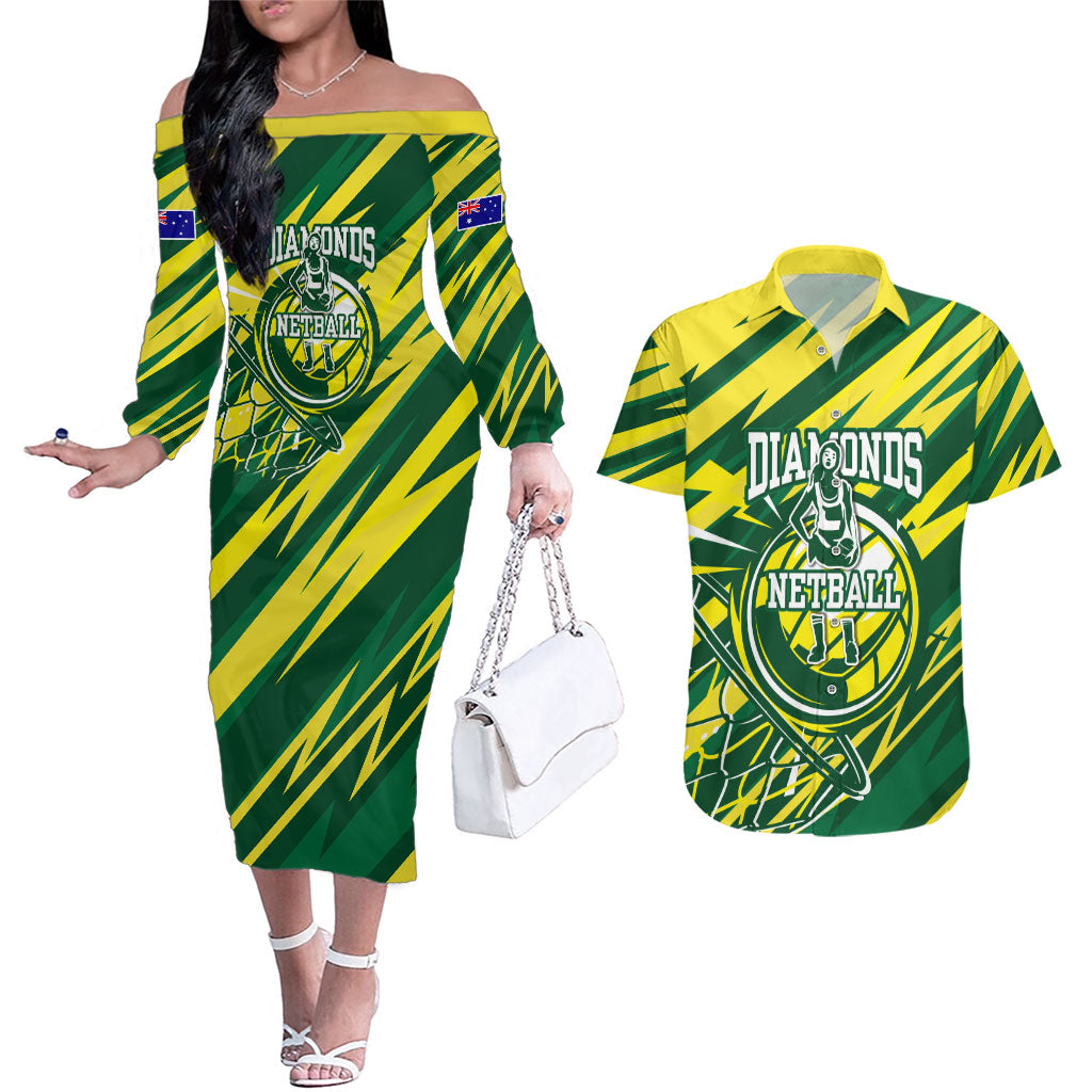Australian Diamonds Netball Couples Matching Off The Shoulder Long Sleeve Dress and Hawaiian Shirt Sharp Abstract Slash Pattern With Netball Graphic Art