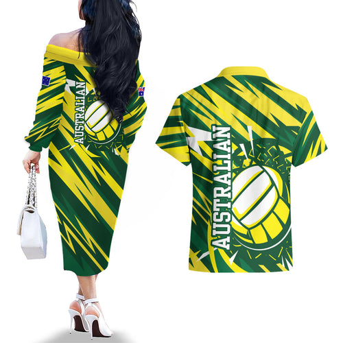 Australian Diamonds Netball Couples Matching Off The Shoulder Long Sleeve Dress and Hawaiian Shirt Sharp Abstract Slash Pattern With Netball Graphic Art