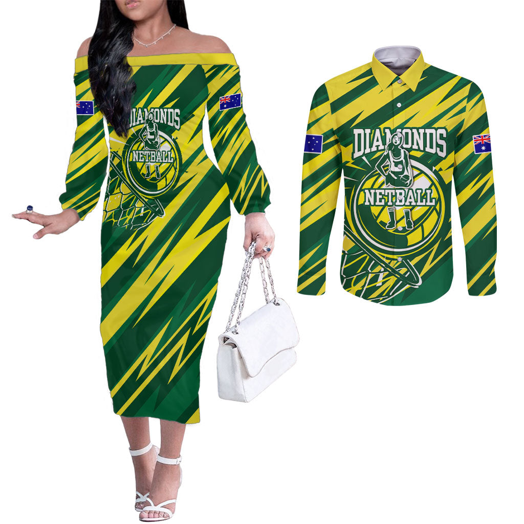 Australian Diamonds Netball Couples Matching Off The Shoulder Long Sleeve Dress and Long Sleeve Button Shirt Sharp Abstract Slash Pattern With Netball Graphic Art
