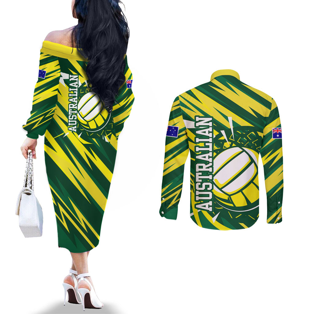 Australian Diamonds Netball Couples Matching Off The Shoulder Long Sleeve Dress and Long Sleeve Button Shirt Sharp Abstract Slash Pattern With Netball Graphic Art