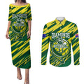 Australian Diamonds Netball Couples Matching Puletasi and Long Sleeve Button Shirt Sharp Abstract Slash Pattern With Netball Graphic Art
