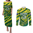 Australian Diamonds Netball Couples Matching Puletasi and Long Sleeve Button Shirt Sharp Abstract Slash Pattern With Netball Graphic Art